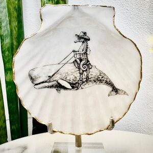 Whimsical Seahorse Cowboy+ Whale Inlay Shell Art Piece